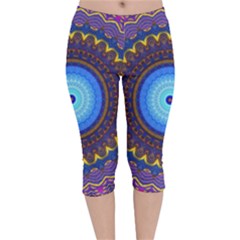 Blue Violet Midnight Sun Mandala Hippie Trippy Psychedelic Kaleidoscope  Velvet Capri Leggings  by CrypticFragmentsDesign