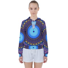 Blue Violet Midnight Sun Mandala Hippie Trippy Psychedelic Kaleidoscope  Women s Tie Up Sweat