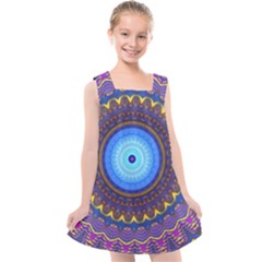 Blue Violet Midnight Sun Mandala Hippie Trippy Psychedelic Kaleidoscope  Kids  Cross Back Dress by CrypticFragmentsDesign