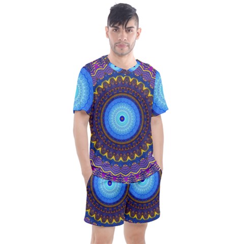 Blue Violet Midnight Sun Mandala Hippie Trippy Psychedelic Kaleidoscope  Men s Mesh Tee And Shorts Set by CrypticFragmentsDesign