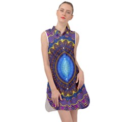 Blue Violet Midnight Sun Mandala Hippie Trippy Psychedelic Kaleidoscope  Sleeveless Shirt Dress