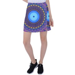 Blue Violet Midnight Sun Mandala Hippie Trippy Psychedelic Kaleidoscope  Tennis Skirt by CrypticFragmentsDesign