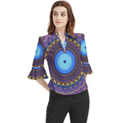 Blue Violet Midnight Sun Mandala Hippie Trippy Psychedelic Kaleidoscope  Loose Horn Sleeve Chiffon Blouse