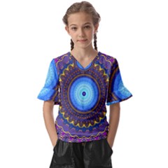 Blue Violet Midnight Sun Mandala Hippie Trippy Psychedelic Kaleidoscope  Kids  V-neck Horn Sleeve Blouse by CrypticFragmentsDesign