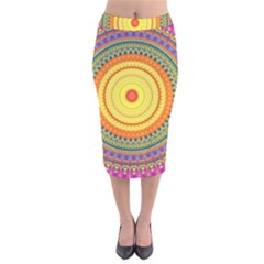 Neon Calliope Kaleidoscope Mandala Velvet Midi Pencil Skirt