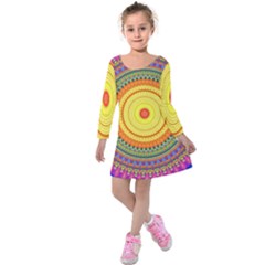 Neon Calliope Kaleidoscope Mandala Kids  Long Sleeve Velvet Dress by CrypticFragmentsDesign