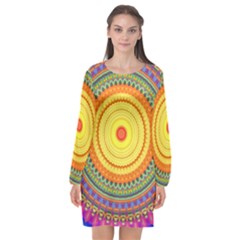 Neon Calliope Kaleidoscope Mandala Long Sleeve Chiffon Shift Dress 