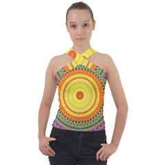 Neon Calliope Kaleidoscope Mandala Cross Neck Velour Top