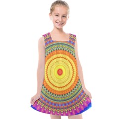 Neon Calliope Kaleidoscope Mandala Kids  Cross Back Dress by CrypticFragmentsDesign