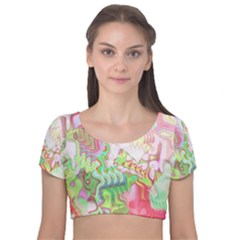 Boho Hippie Trippy Psychedelic Abstract Hot Pink Lime Green Velvet Short Sleeve Crop Top  by CrypticFragmentsDesign