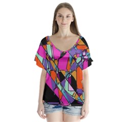 Abstract  V-neck Flutter Sleeve Top by LW41021