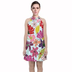 Flower Pattern Velvet Halter Neckline Dress  by Galinka