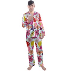 Flower Pattern Men s Long Sleeve Satin Pajamas Set by Galinka