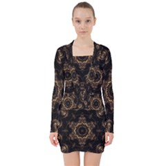 Bronze Age Mandala V-neck Bodycon Long Sleeve Dress by MRNStudios