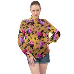 Delicate Peonies High Neck Long Sleeve Chiffon Top by SychEva