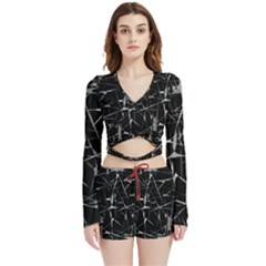 Black And White Splatter Abstract Print Velvet Wrap Crop Top And Shorts Set by dflcprintsclothing