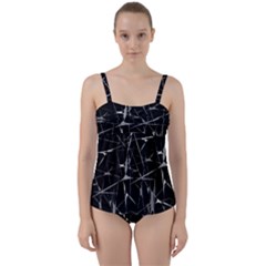 Black And White Splatter Abstract Print Twist Front Tankini Set by dflcprintsclothing