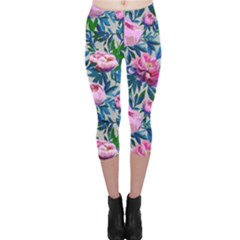 Pink Peonies Watercolor Capri Leggings  by SychEva