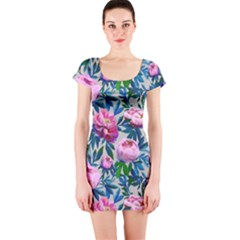 Pink Peonies Watercolor Short Sleeve Bodycon Dress by SychEva