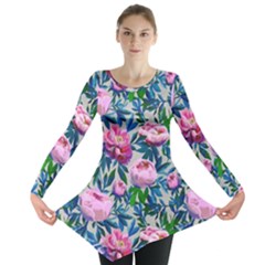 Pink Peonies Watercolor Long Sleeve Tunic  by SychEva