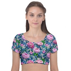 Pink Peonies Watercolor Velvet Short Sleeve Crop Top  by SychEva