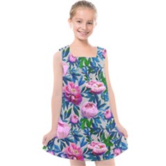 Pink Peonies Watercolor Kids  Cross Back Dress by SychEva