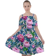 Pink Peonies Watercolor Cut Out Shoulders Chiffon Dress by SychEva