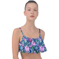 Pink Peonies Watercolor Frill Bikini Top by SychEva