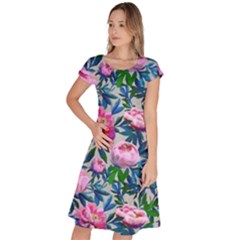 Pink Peonies Watercolor Classic Short Sleeve Dress