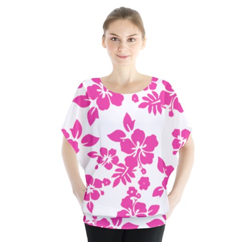 Hibiscus Pattern Pink Batwing Chiffon Blouse by GrowBasket