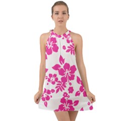 Hibiscus Pattern Pink Halter Tie Back Chiffon Dress by GrowBasket