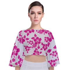 Hibiscus Pattern Pink Tie Back Butterfly Sleeve Chiffon Top by GrowBasket