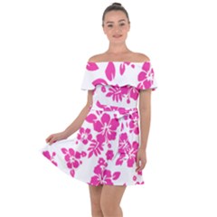 Hibiscus Pattern Pink Off Shoulder Velour Dress