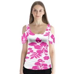 Hibiscus Pattern Pink Butterfly Sleeve Cutout Tee 