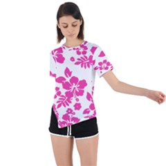 Hibiscus Pattern Pink Asymmetrical Short Sleeve Sports Tee