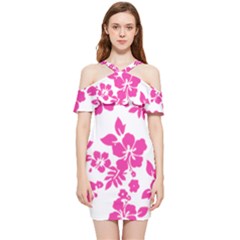 Hibiscus Pattern Pink Shoulder Frill Bodycon Summer Dress