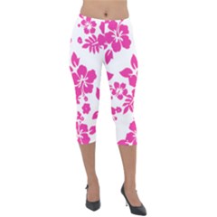 Hibiscus Pattern Pink Lightweight Velour Capri Leggings  by GrowBasket
