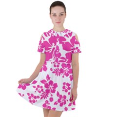 Hibiscus Pattern Pink Short Sleeve Shoulder Cut Out Dress  by GrowBasket