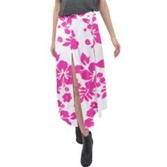 Hibiscus Pattern Pink Velour Split Maxi Skirt