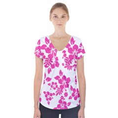 Hibiscus Pattern Pink Short Sleeve Front Detail Top by GrowBasket