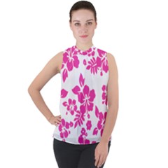 Hibiscus Pattern Pink Mock Neck Chiffon Sleeveless Top by GrowBasket