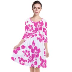 Hibiscus Pattern Pink Quarter Sleeve Waist Band Dress by GrowBasket