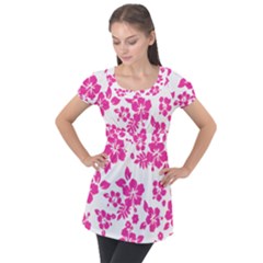 Hibiscus Pattern Pink Puff Sleeve Tunic Top by GrowBasket