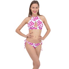 Hibiscus Pattern Pink Cross Front Halter Bikini Set by GrowBasket