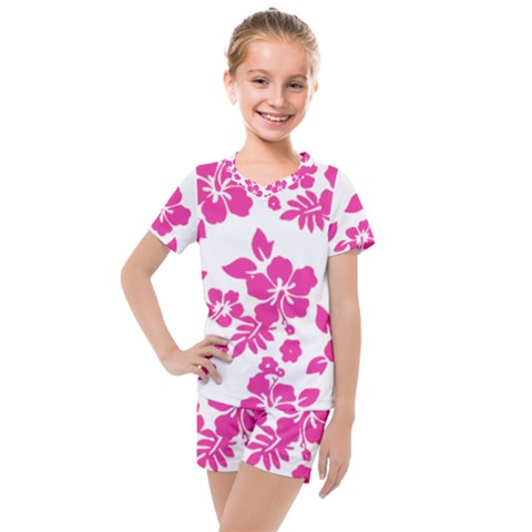 Hibiscus Pattern Pink Kids  Mesh Tee And Shorts Set by GrowBasket