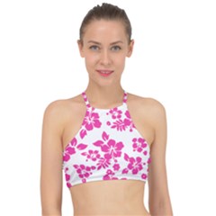 Hibiscus Pattern Pink Racer Front Bikini Top by GrowBasket