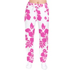 Hibiscus Pattern Pink Women Velvet Drawstring Pants