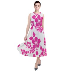 Hibiscus Pattern Pink Round Neck Boho Dress