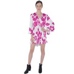 Hibiscus Pattern Pink V-neck Flare Sleeve Mini Dress