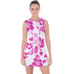 Hibiscus Pattern Pink Lace Up Front Bodycon Dress